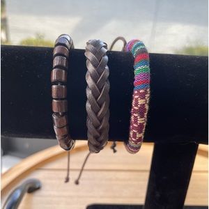 Brown Braided Leather Bracelets Adjustable Set of 3